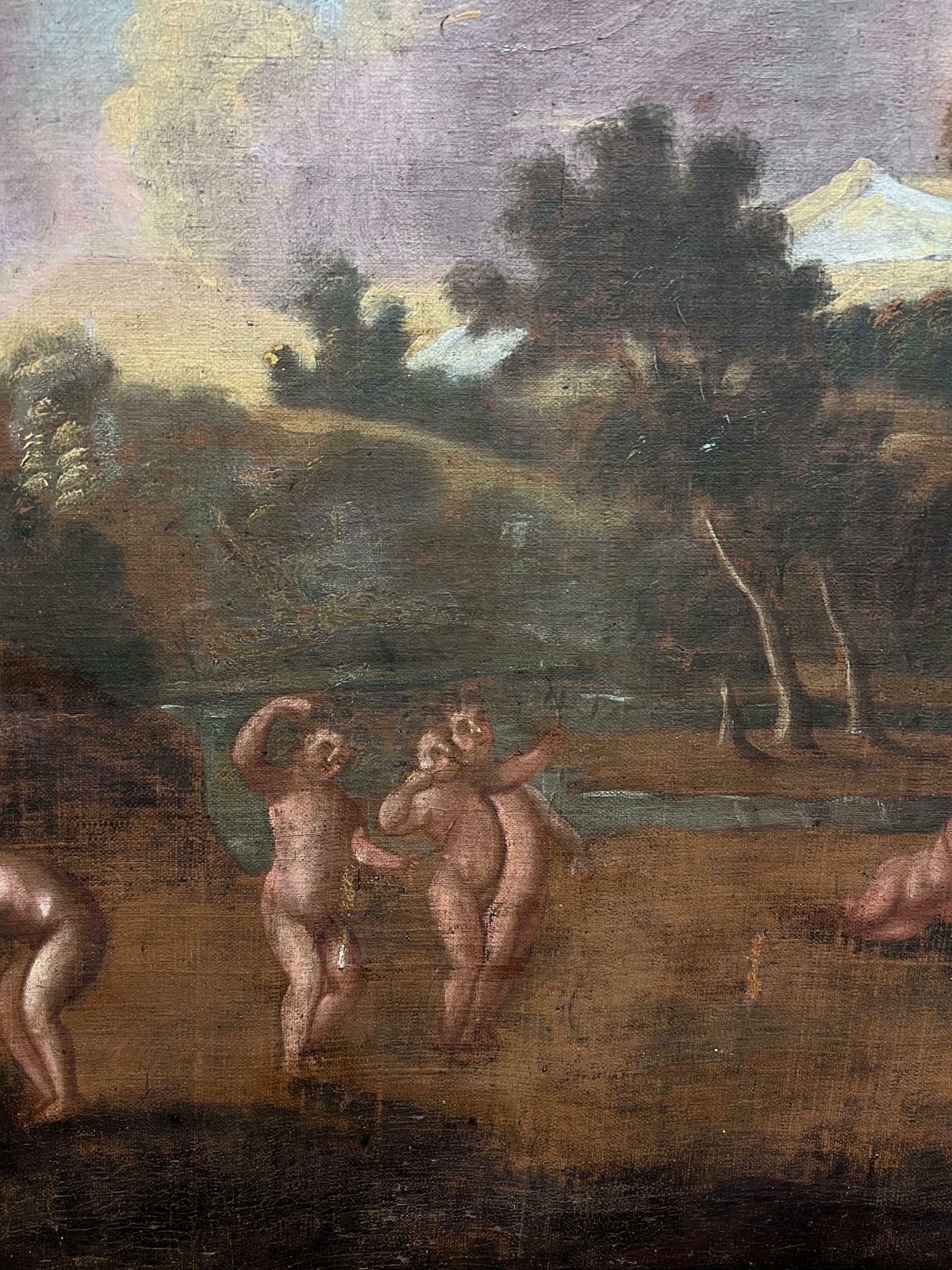 Northern European 17th Centuryhuge Old Master Oil Painting 17th Century Diana & Cupids In Panoramic Landscape photo for sale