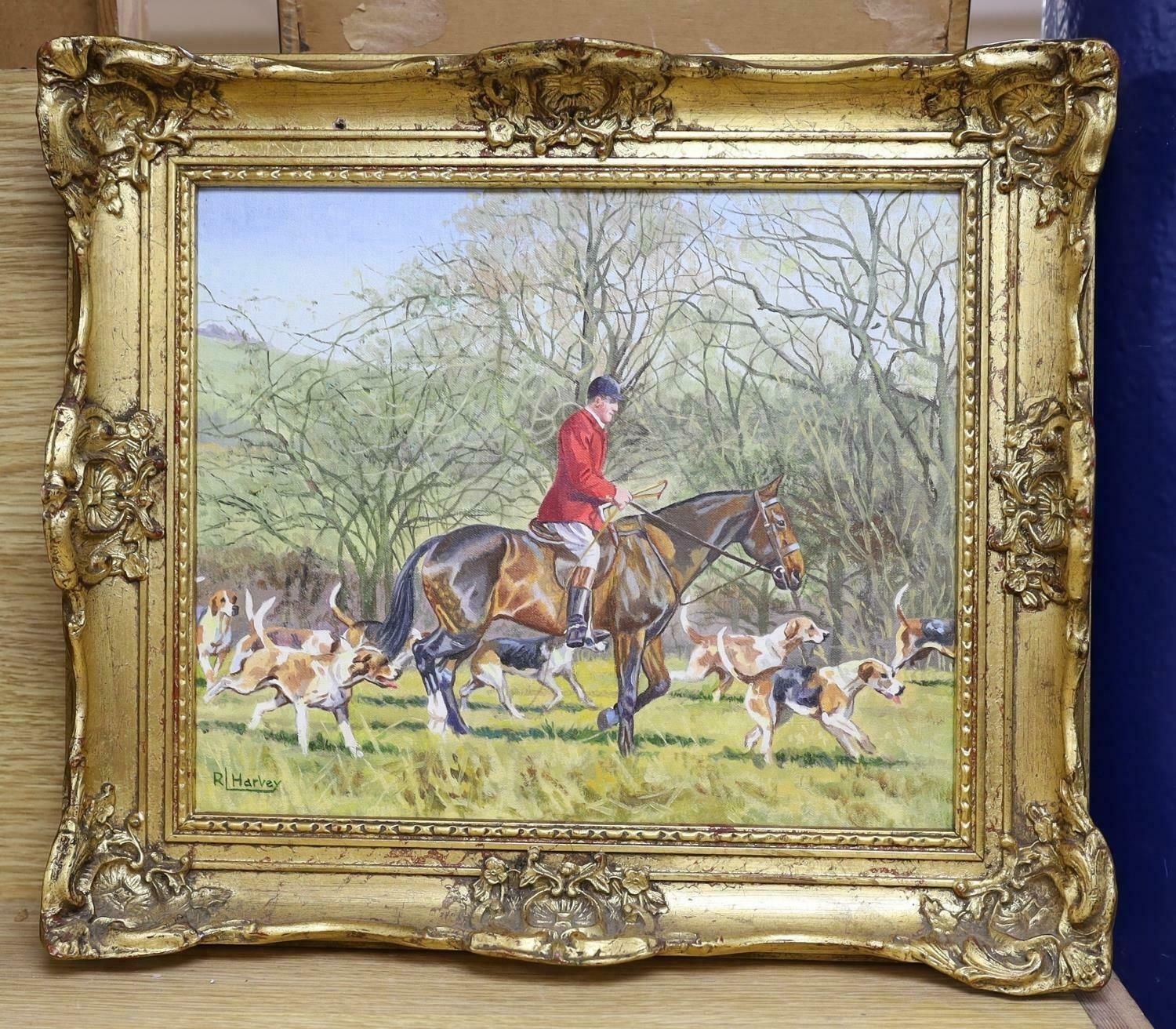 Reginald Llewellyn Harvey British Sporting Art Huntsman And Hounds In Landscape, Signed Oil Painting photo furniture
