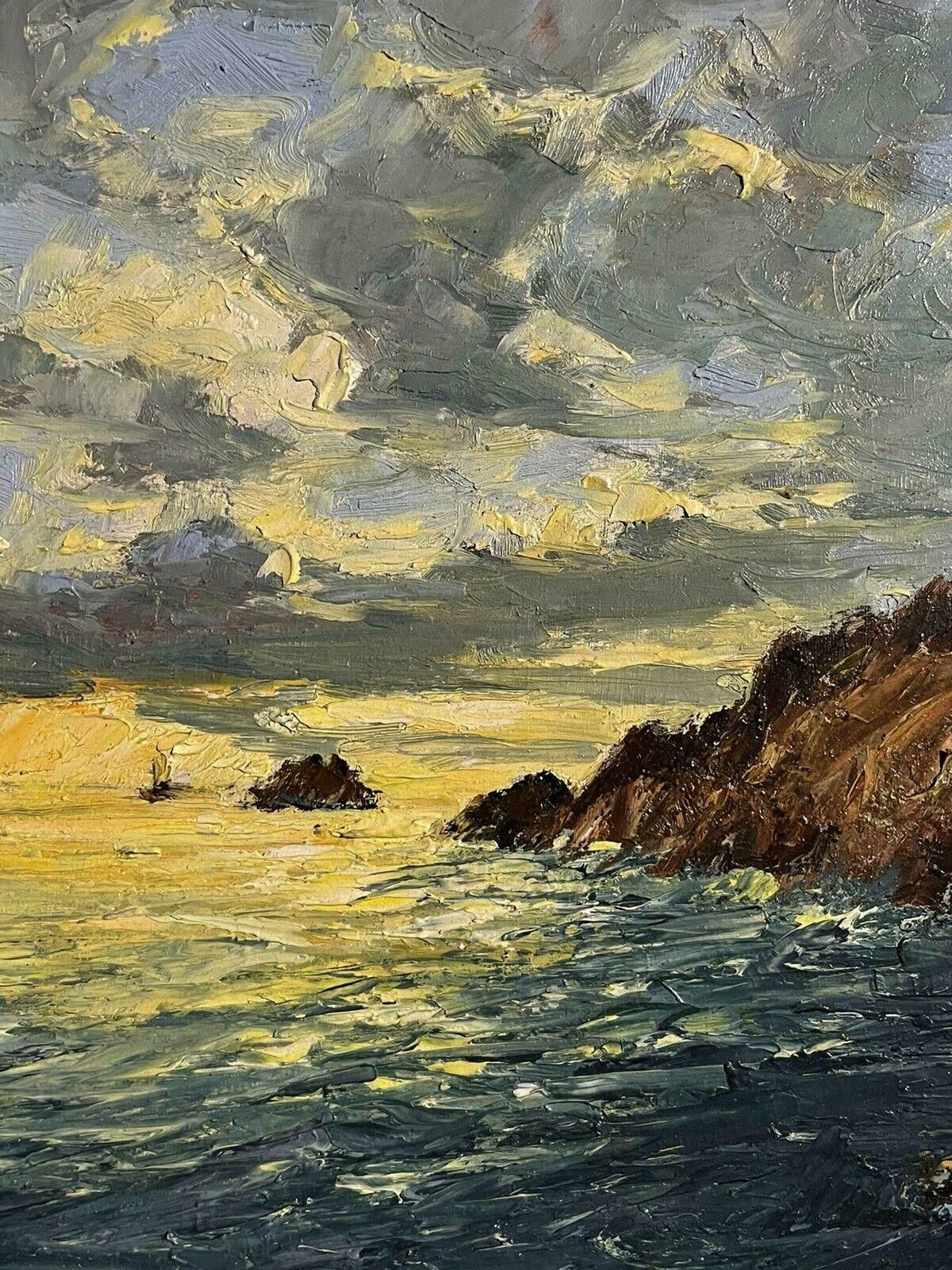 Unknownvintage French Signed Oil Sunset Over Coastal Rocky Coastline, Framed photo for sale