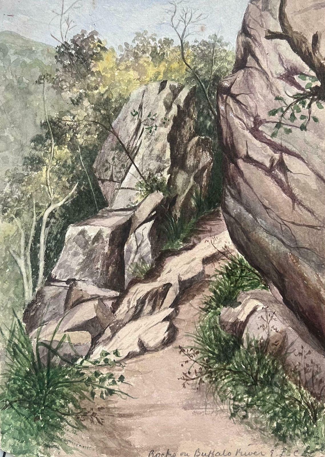 Caroline Worsleyfine Antique British Watercolour Painting Rocks Path To Buffalo River Landscape C.1900's