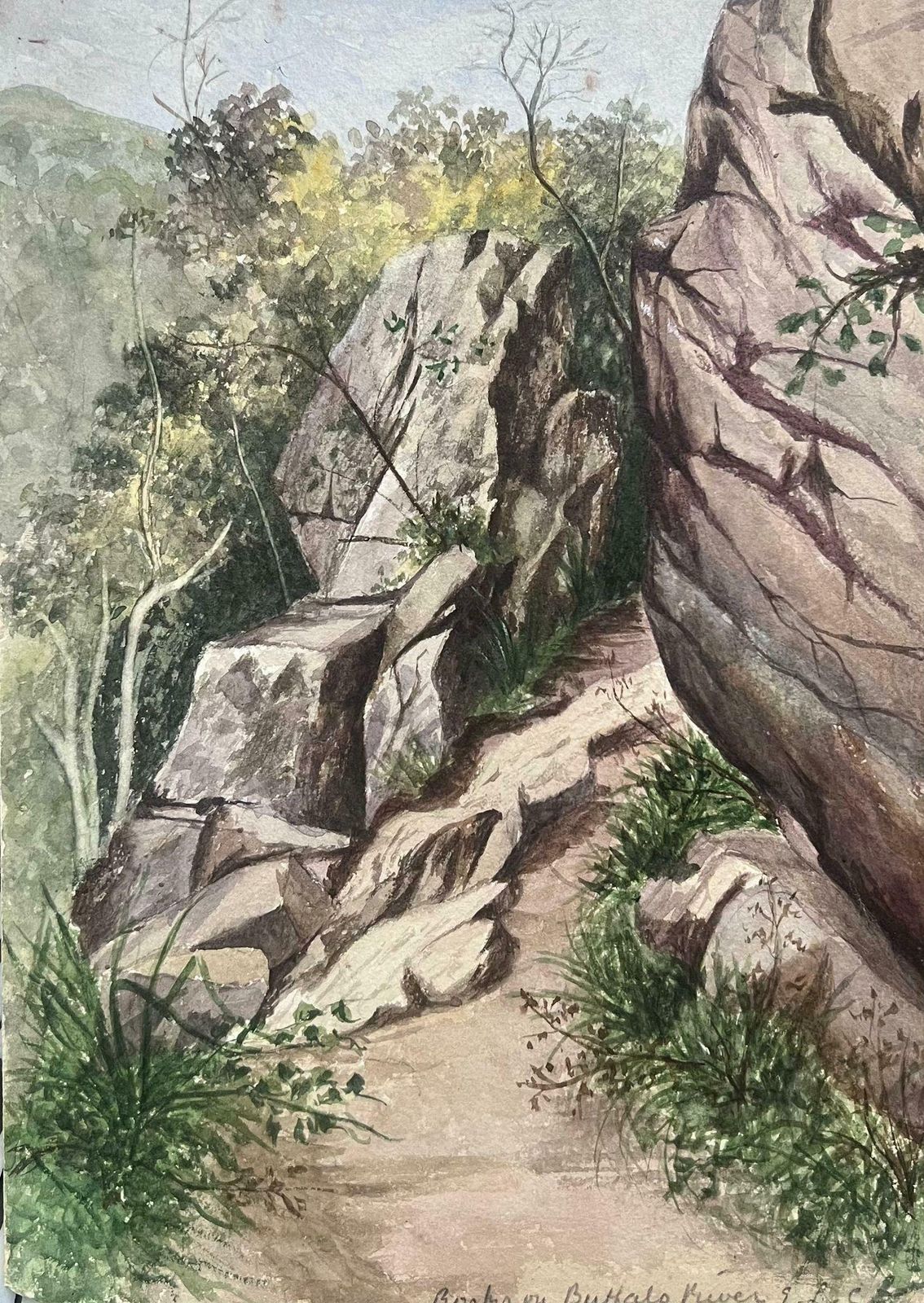 Caroline Worsleyfine Antique British Watercolour Painting Rocks Path To Buffalo River Landscape C.1900's photo furniture