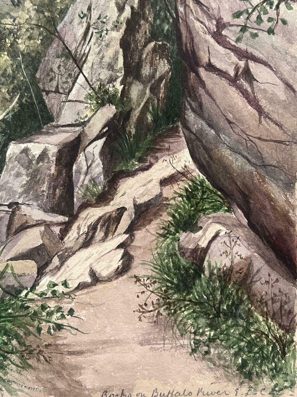 Caroline Worsleyfine Antique British Watercolour Painting Rocks Path To Buffalo River Landscape C.1900's photo for sale