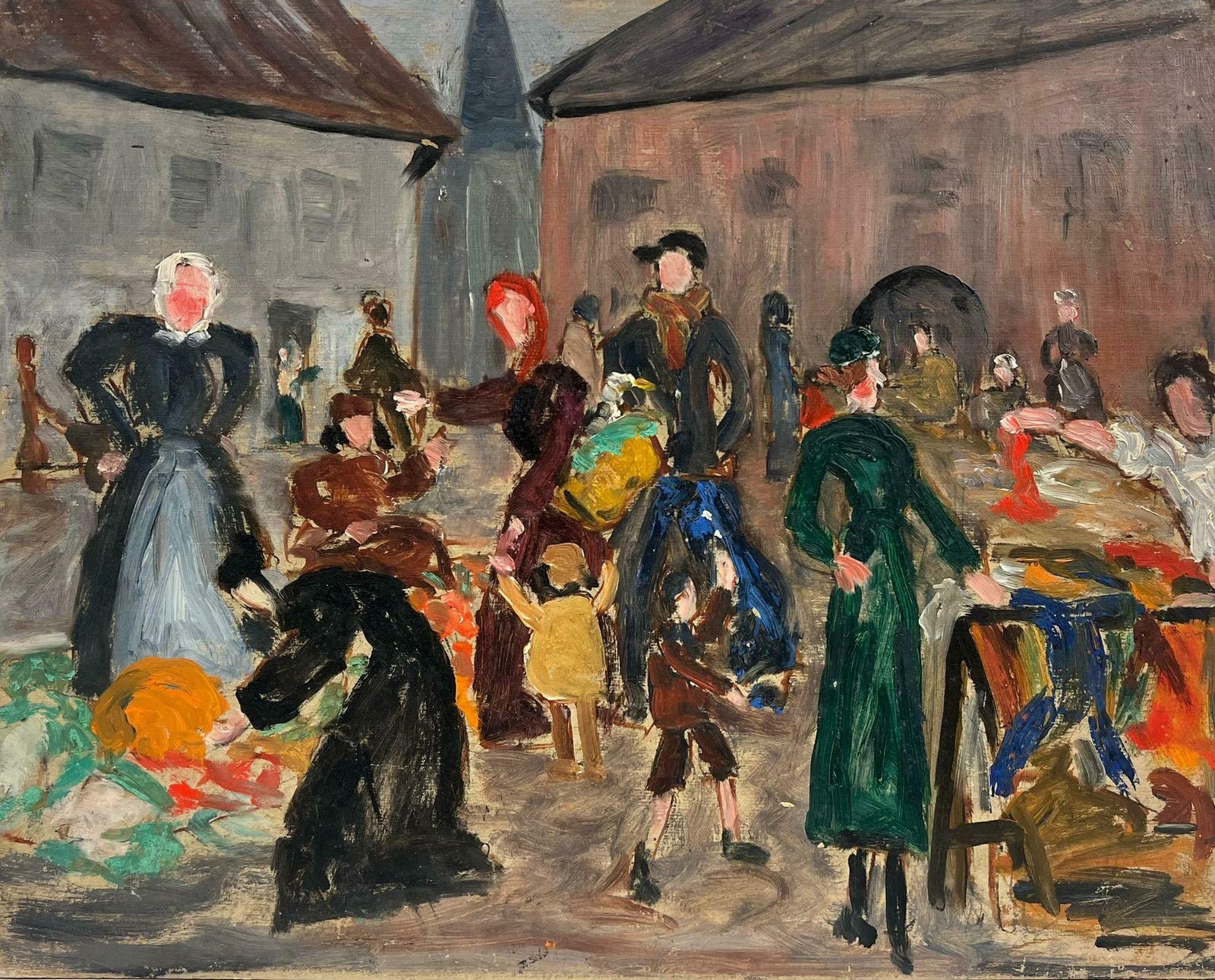 Simone Forge1930's French Post Impressionist Busy French Market Scene Many Figures1930's