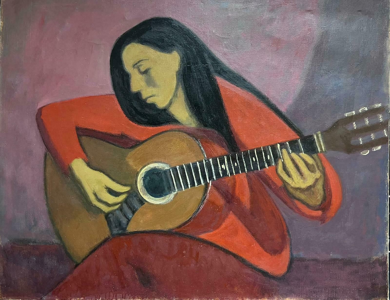 French Schoolhuge 1960's French Modernist Oil Painting Lady Seated Playing Guitar