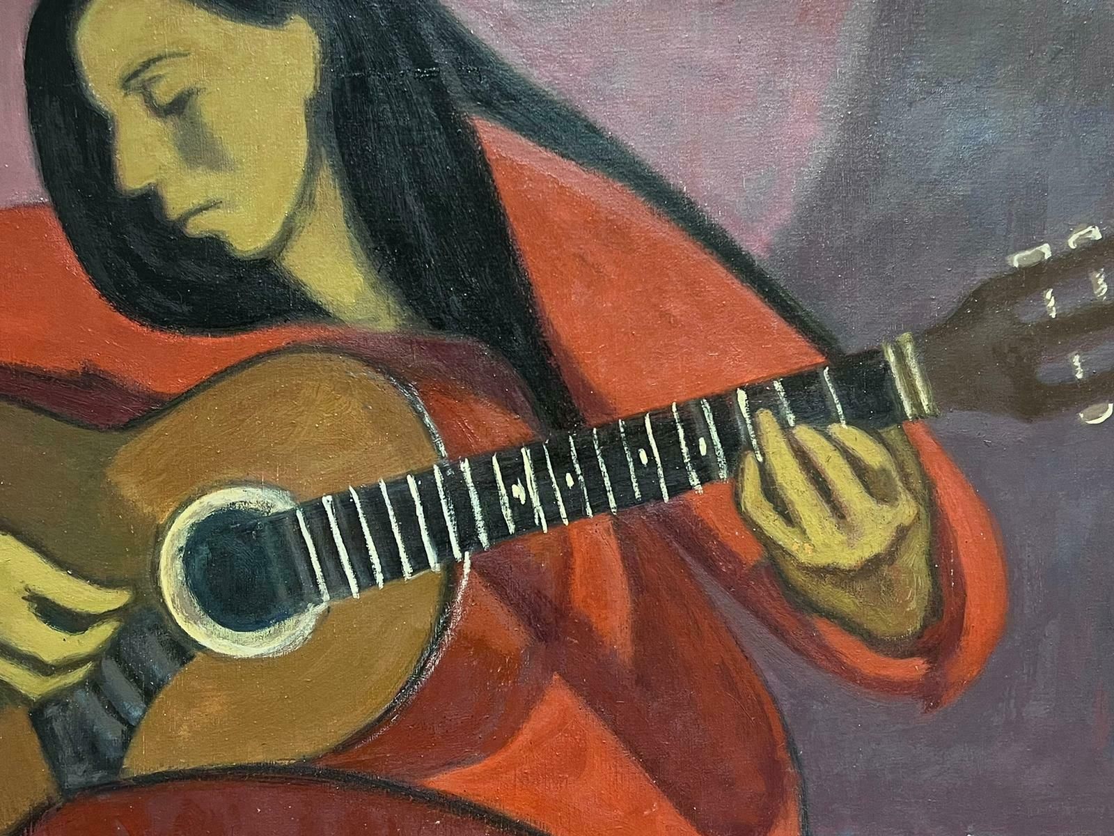 French Schoolhuge 1960's French Modernist Oil Painting Lady Seated Playing Guitar photo 2000.0