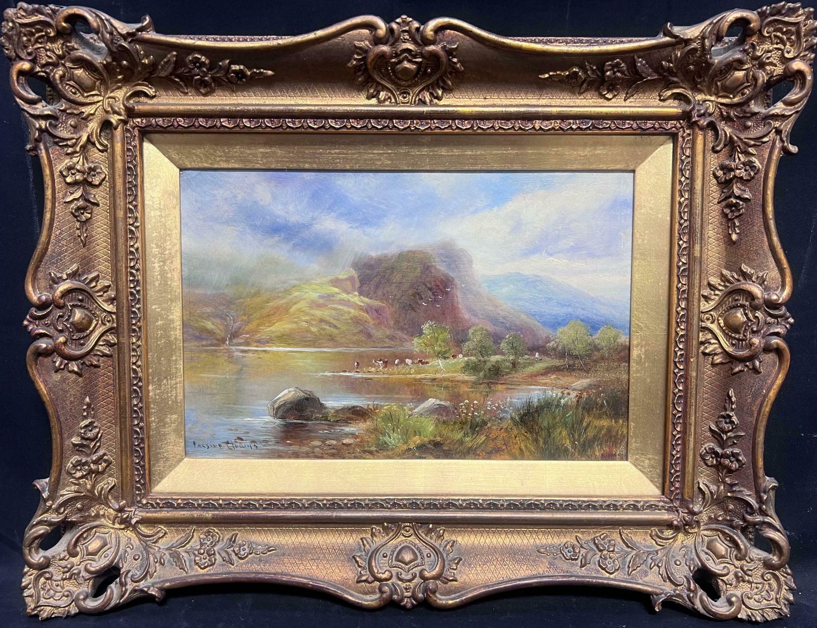 Scottish Victorianantique Scottish Oil Highlands Loch Scene Cattle Under Summer Clouds Landscape19th Century