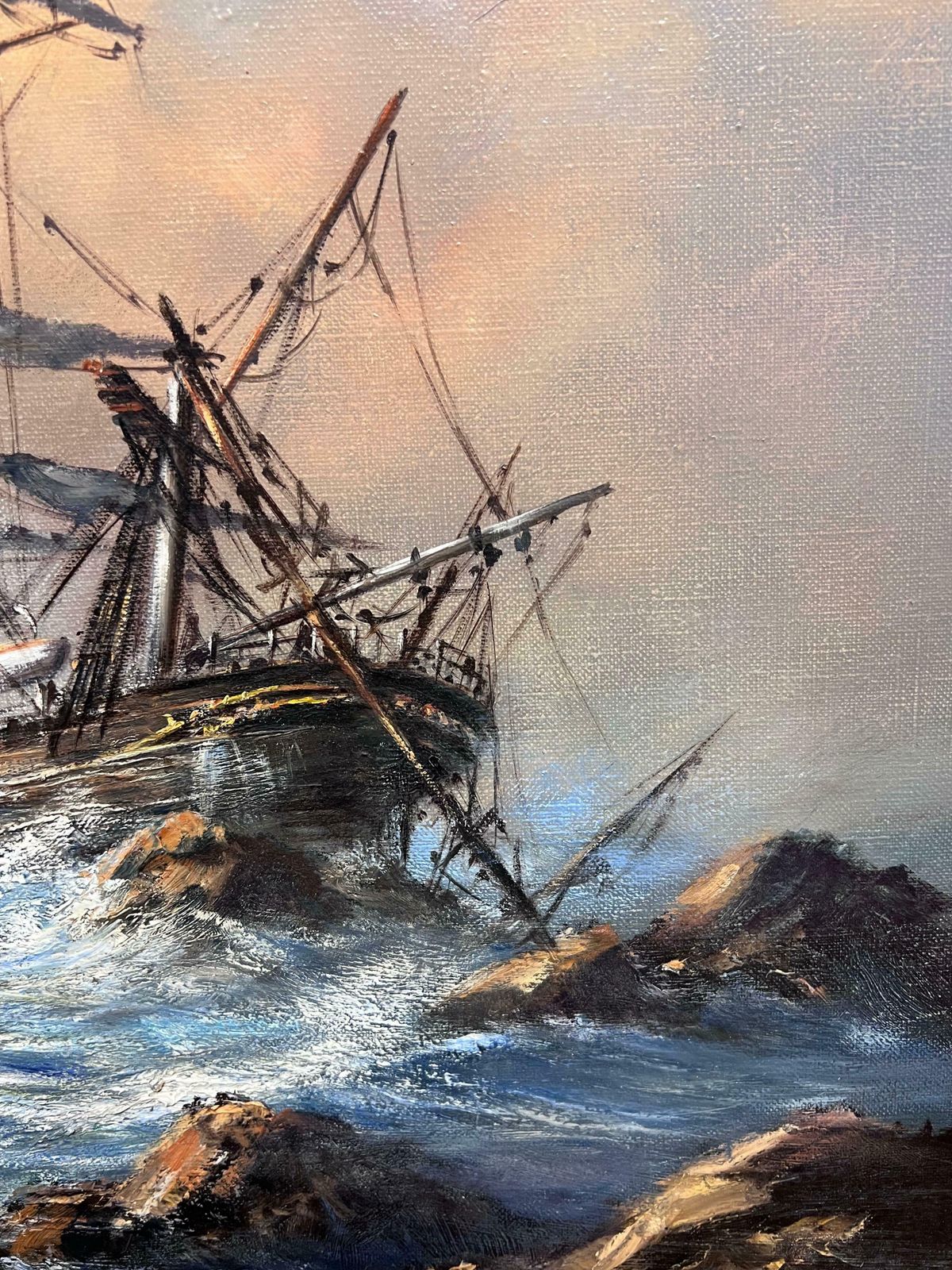 Anthony Hedgeslarge British Marine Oil Painting Classic Tall Sailing Shipwreck On Rocks At Sea20th Century photo 1316.0