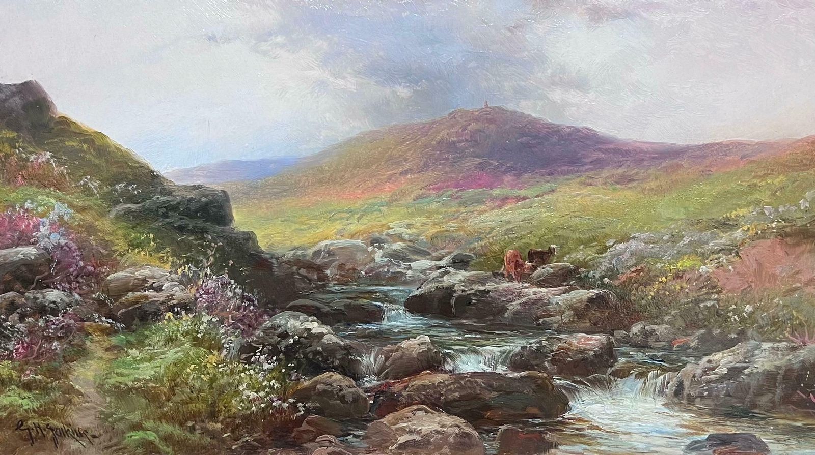 George Henry Jenkins (British, 1843 1914antique British Oil Painting Cattle By Highland Stream At Sunset, Framed19th Century photo furniture