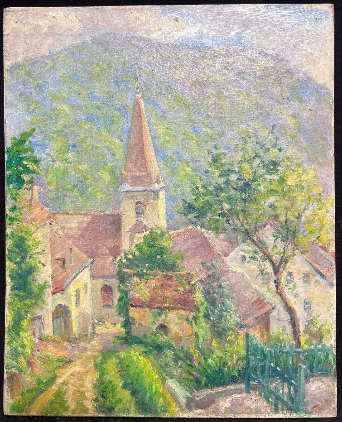Regine Davidquaint Village With Church Spire Idyllic Oil Painting 1950's photo furniture
