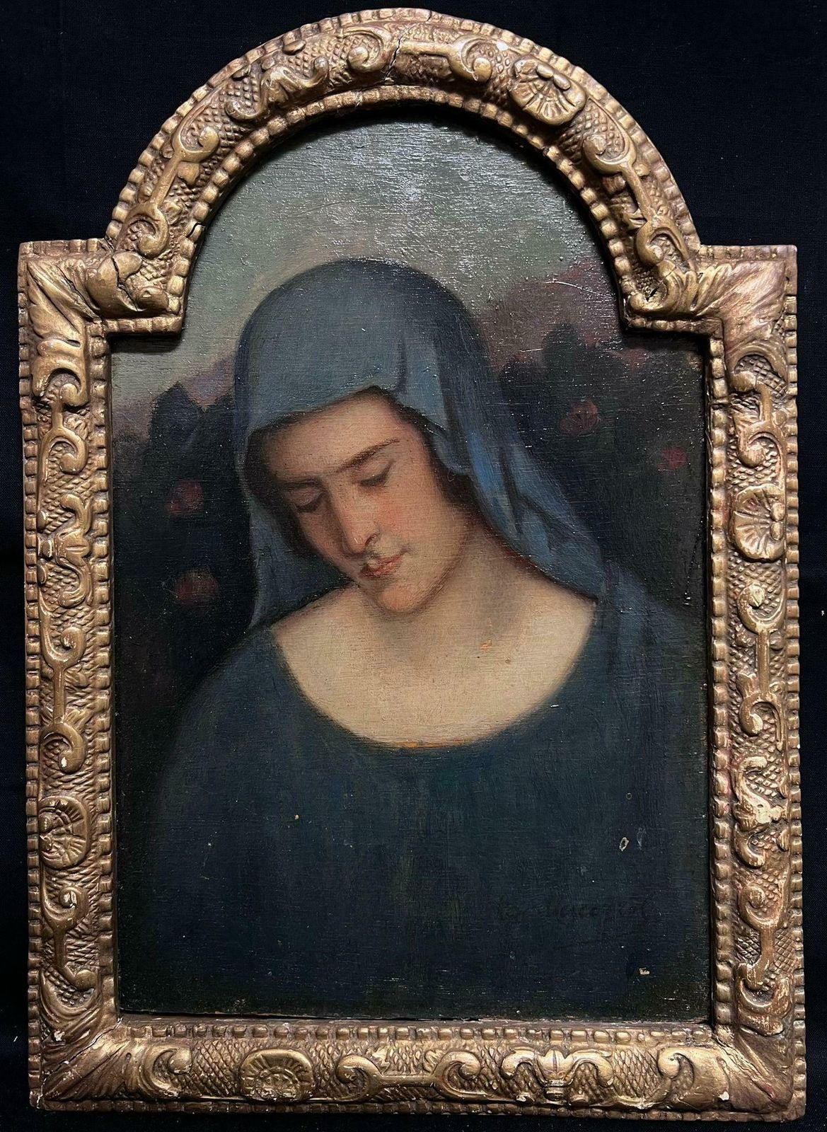 English Pre Raphaelite19th Century Portrait Of Pensive Madonna Blue Veil Pre Raphaelite Oil Painting