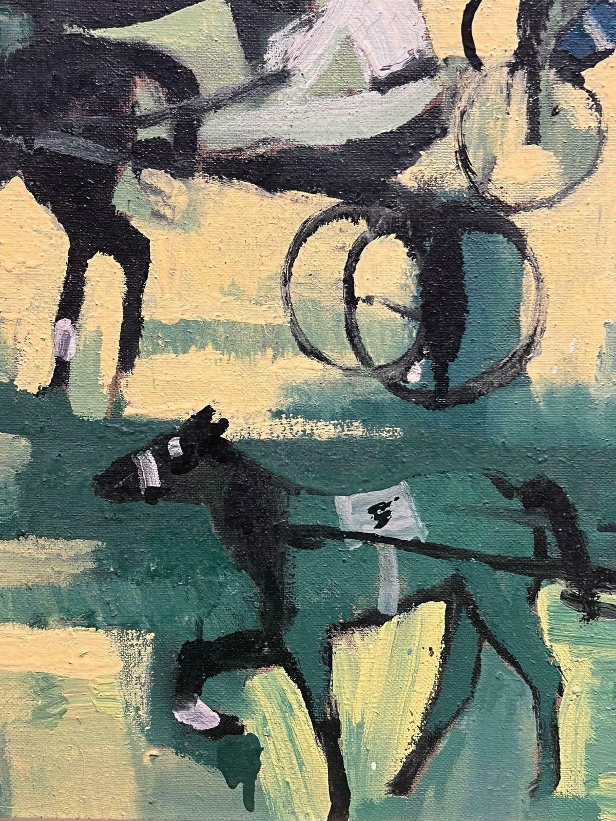 French School1960's French Oil Painting Horse Racing Harness Carriage Driving With Jockeys photo for sale