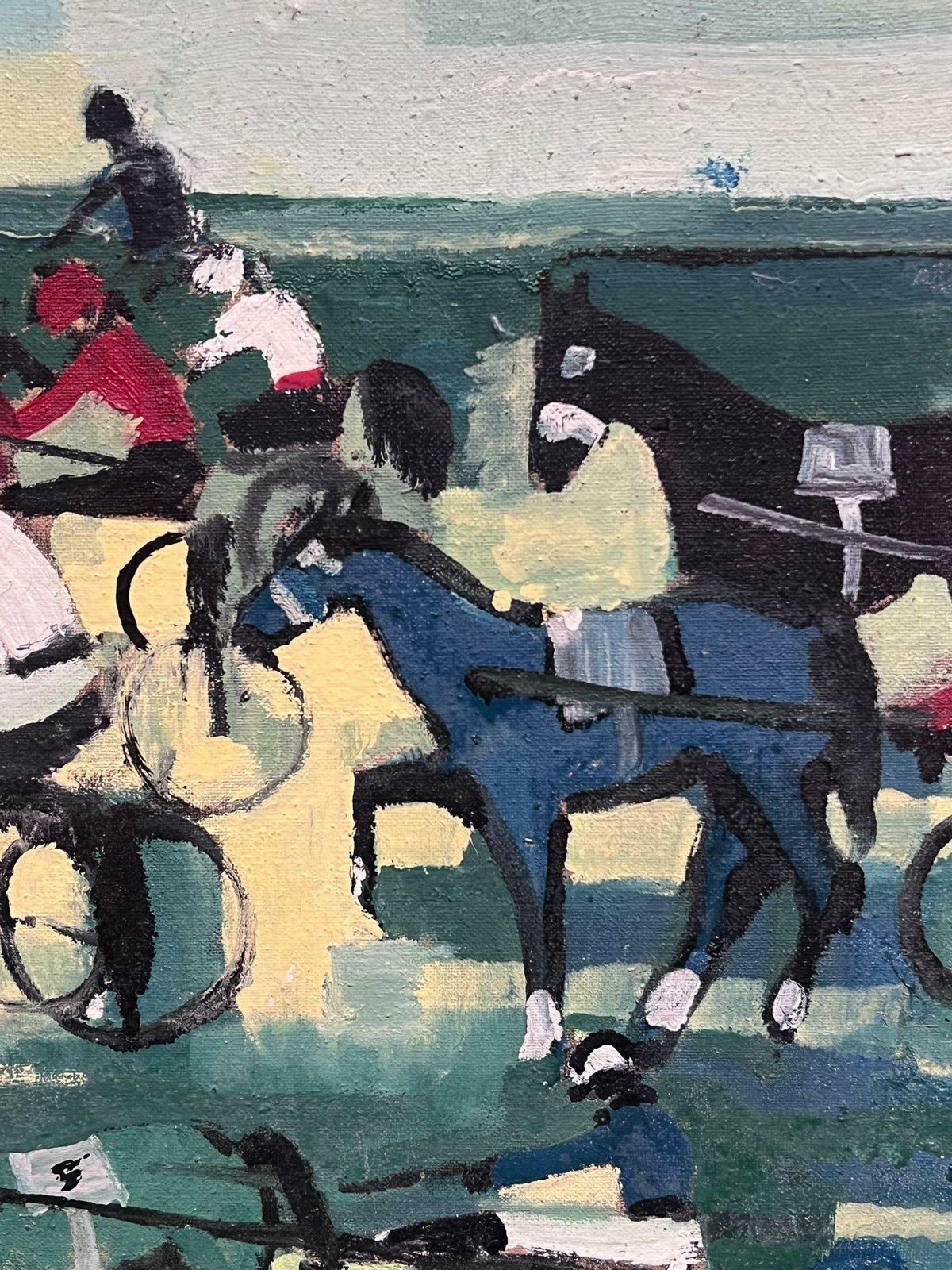 French School1960's French Oil Painting Horse Racing Harness Carriage Driving With Jockeys photo vintage