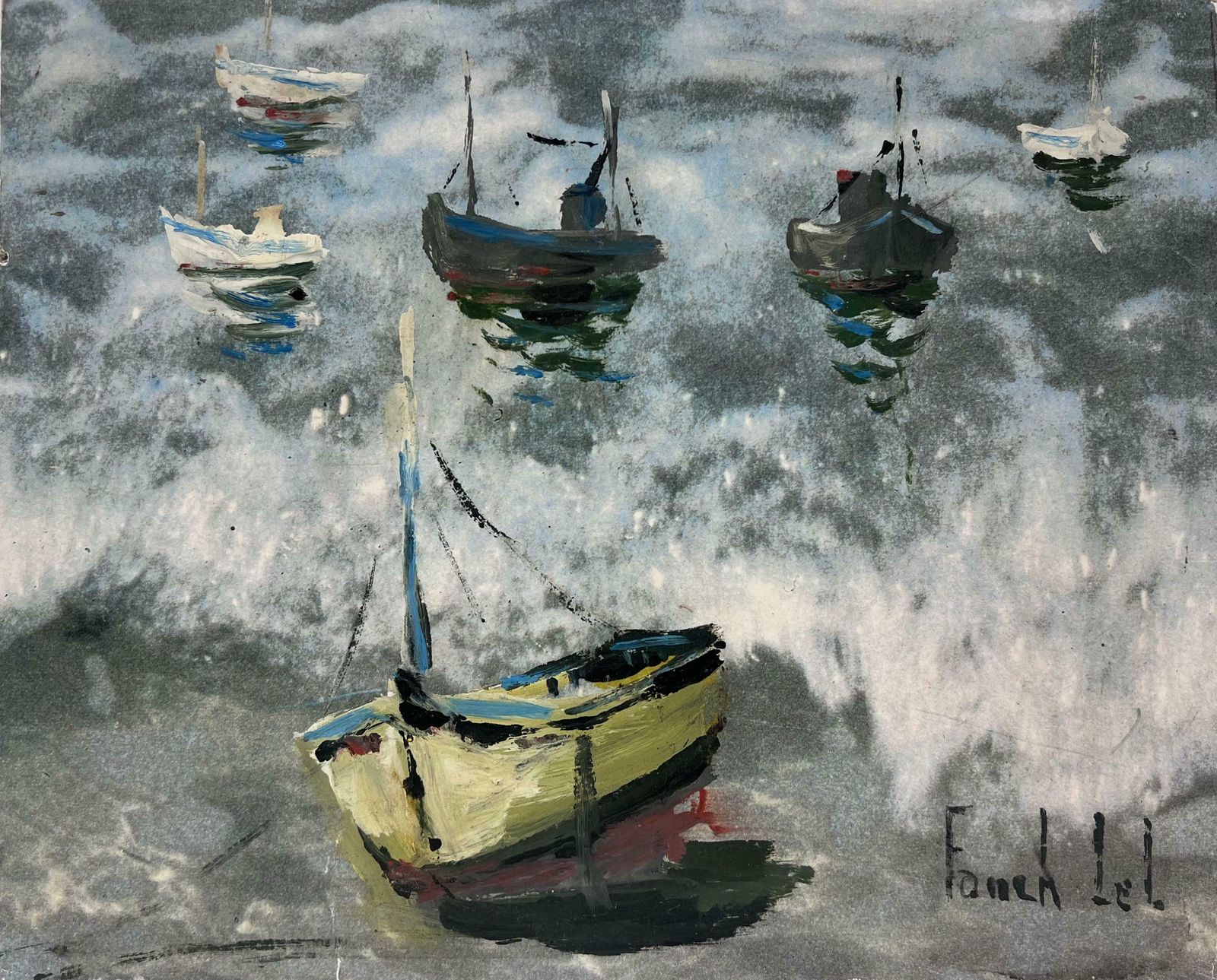 Fanch Lelboats Anchored In The Early Morning Mist On A Choppy Grey Sea French Painting20th Century