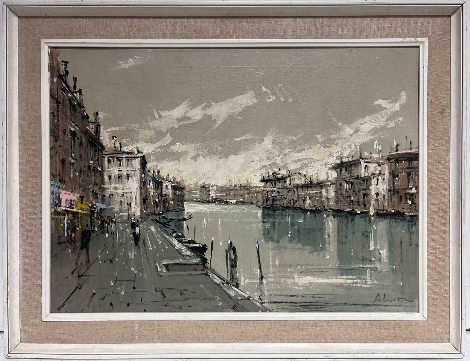 Alvarezlarge 1960's Modernist Signed Oil Painting Venice Grand Canal Atmospheric Work photo furniture