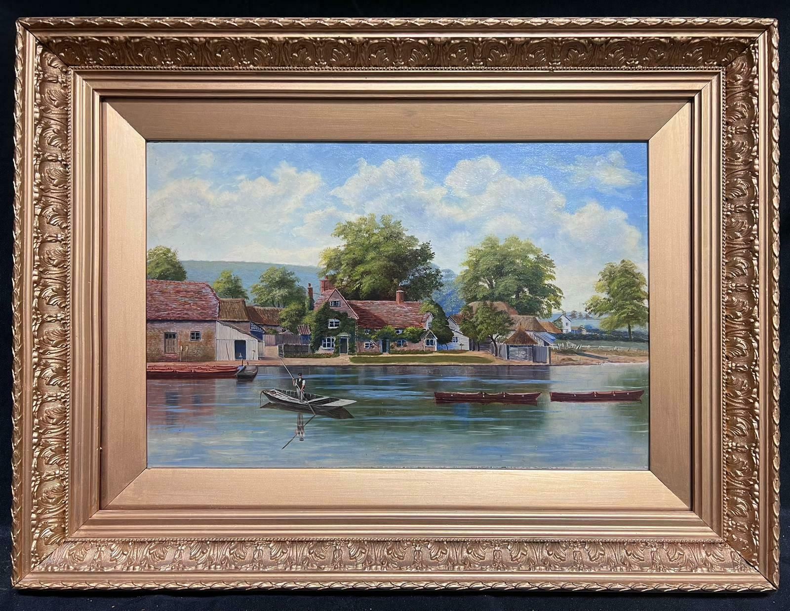 Unknownantique English Oil Painting Gilt Frame Figure Punting On River Cottages Village1900's