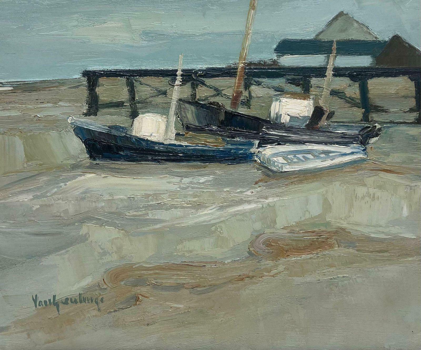 Scandinavian Mid 20th Century1950's Scandinavian Oil Painting On Canvas Moody Atmospheric Beach Jetty
