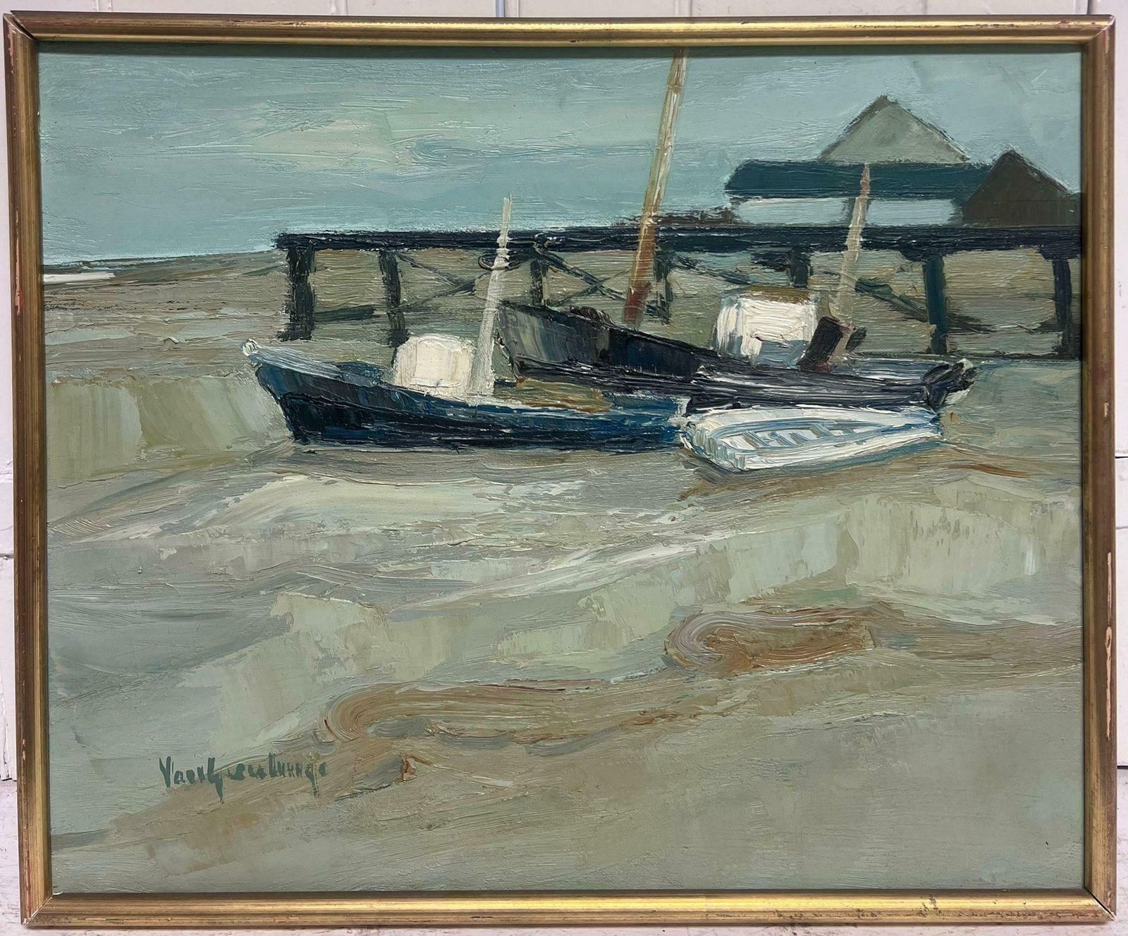 Scandinavian Mid 20th Century1950's Scandinavian Oil Painting On Canvas Moody Atmospheric Beach Jetty photo furniture