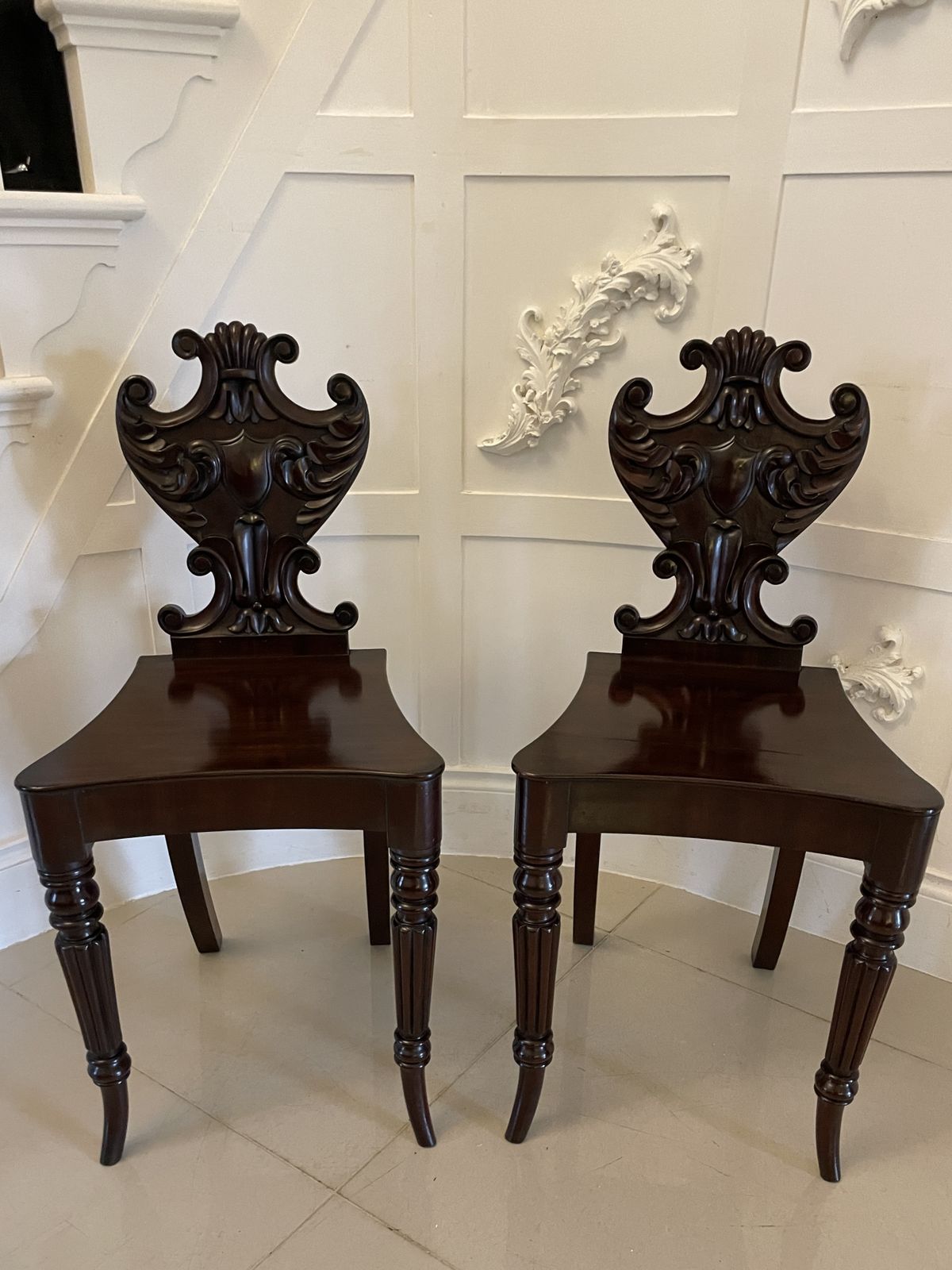 Outstanding Quality Pair Of Antique 19th Century Carved Mahogany Hall Chairs