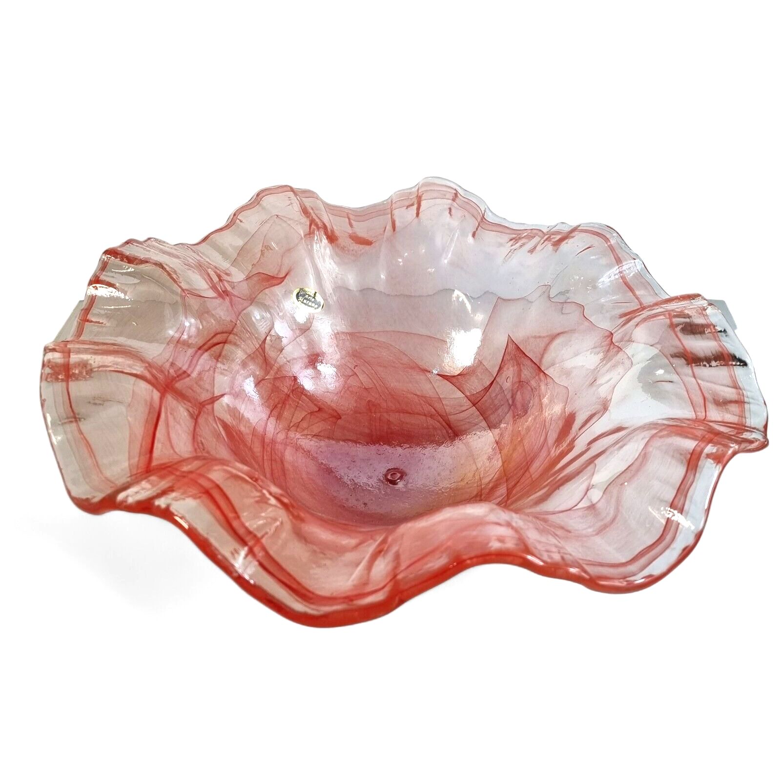 Murano Glass Bowl Salmon Pink Stretched Art Glass Ruffle Pink Glass Bowl Italy photo for sale