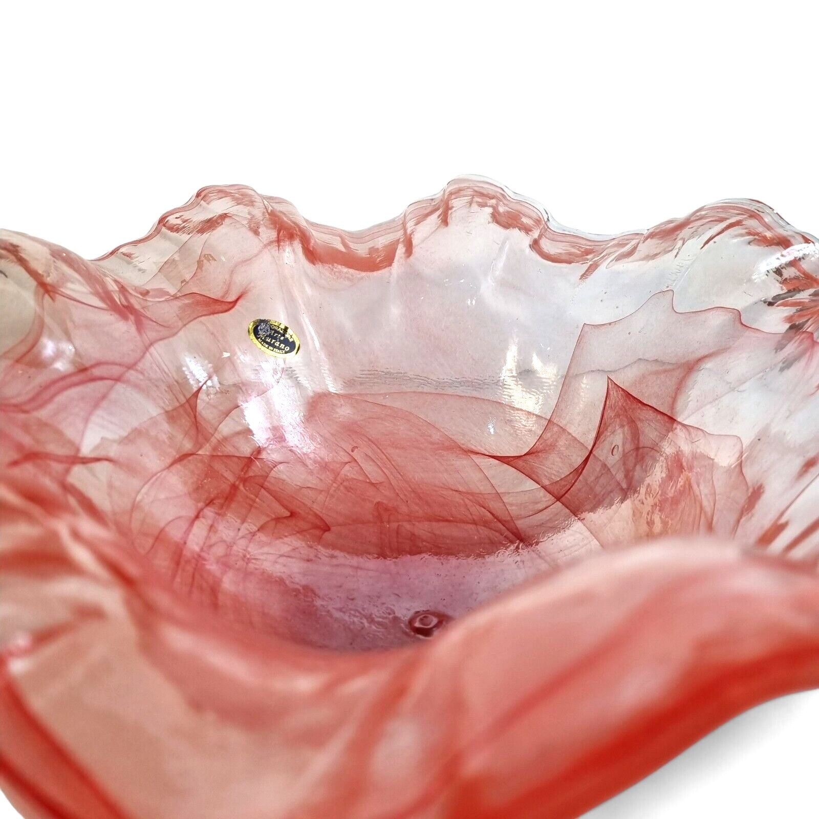 Murano Glass Bowl Salmon Pink Stretched Art Glass Ruffle Pink Glass Bowl Italy photo vinterior