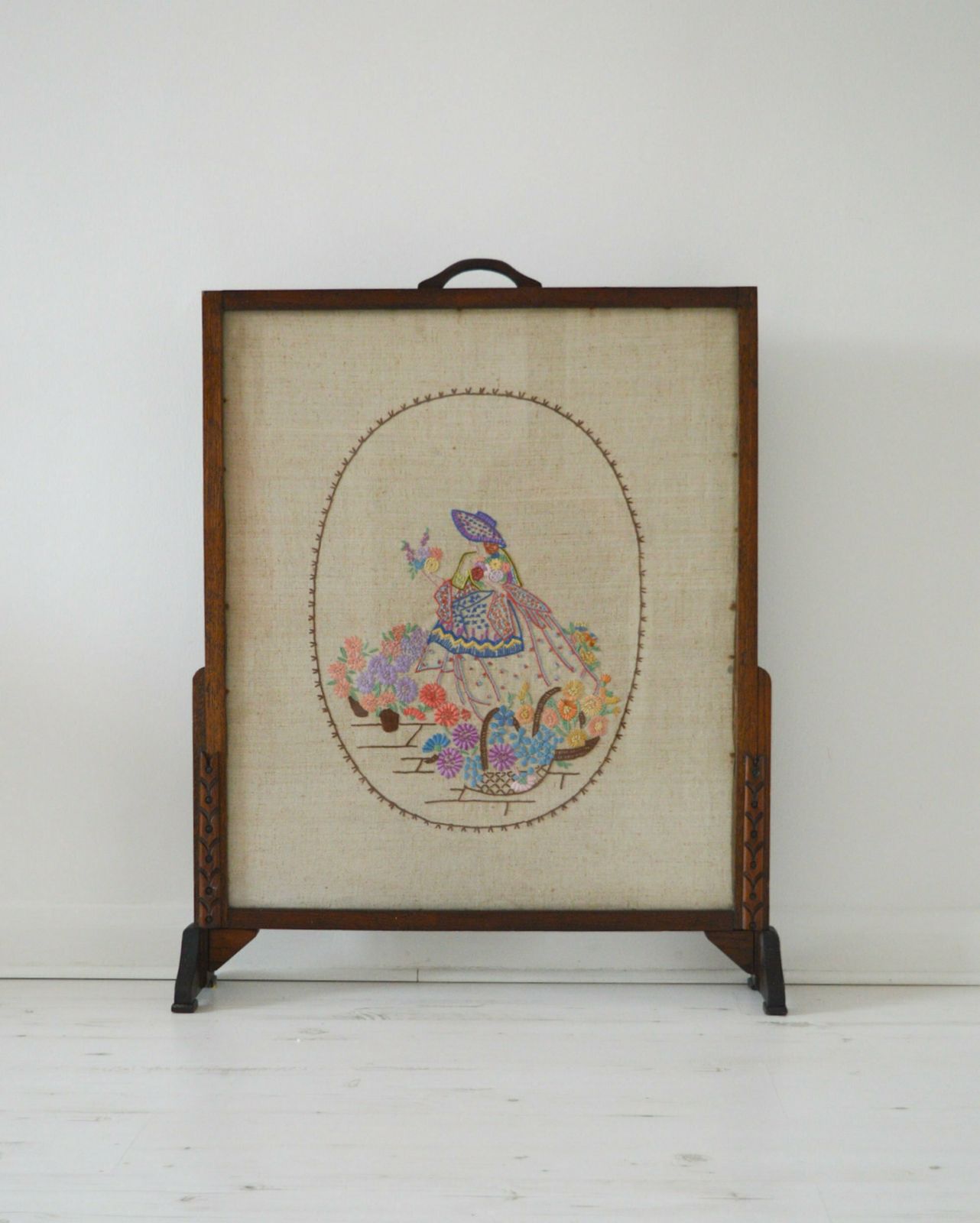 Hugh Heavy Carved Antique Needlepoint Fire Screen, Ballgown Lady With Flowers, Solid Teak Framed Fire Screen With Handle 84x68 Cm photo furniture