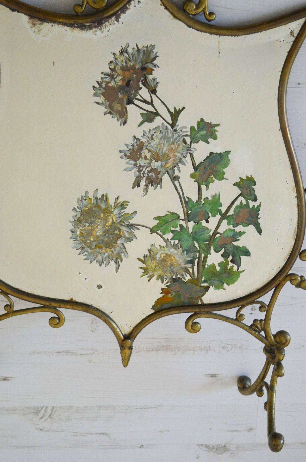 Rare Victorian Brass Mirrored Fire Screen With Hand Painted Flowers On Bevelled Mirror photo for sale