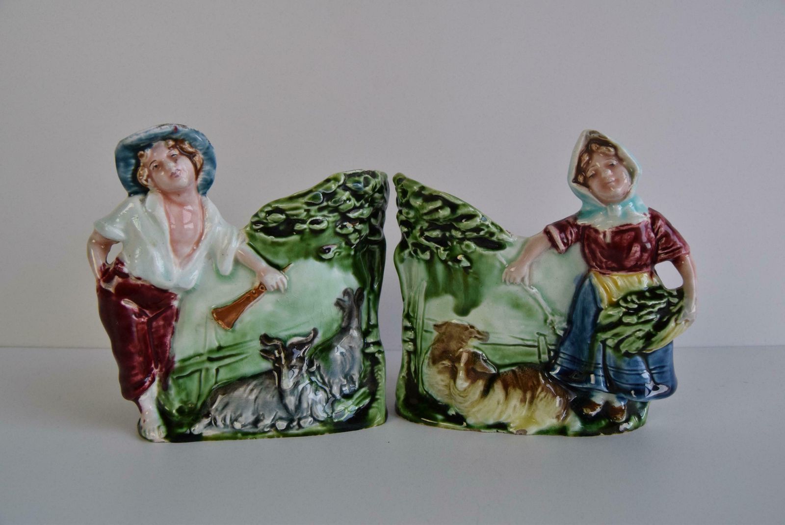 Pair Of Antique Flower Vases, Majolica Signed Hk, Shepherd And Shepherdess photo furniture