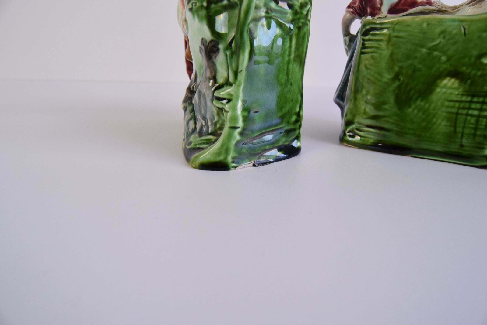 Pair Of Antique Flower Vases, Majolica Signed Hk, Shepherd And Shepherdess photo vintage