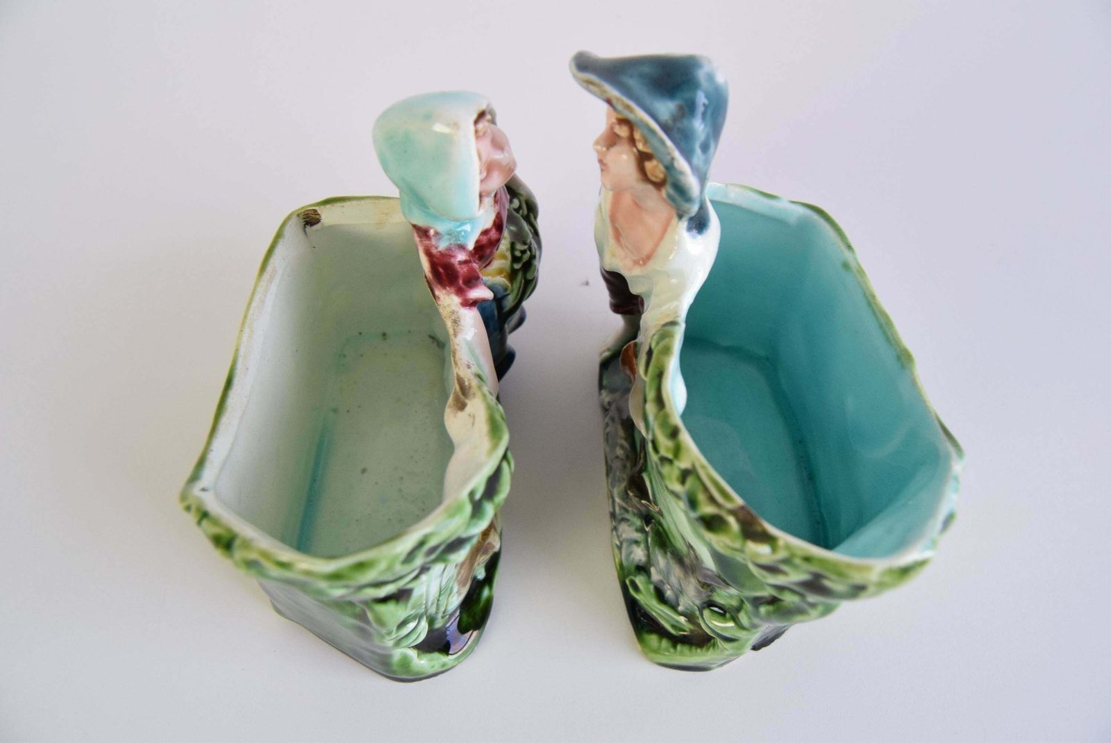photo for sale Pair Of Antique Flower Vases, Majolica Signed Hk, Shepherd And Shepherdess