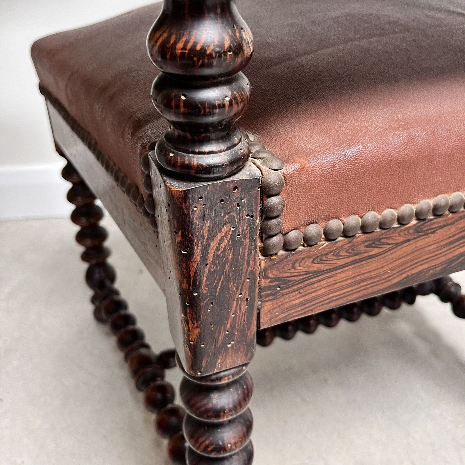 Furniture French 19th Century Bobbin Turned Ebonised Nursing Chair Studded Red Leather photo