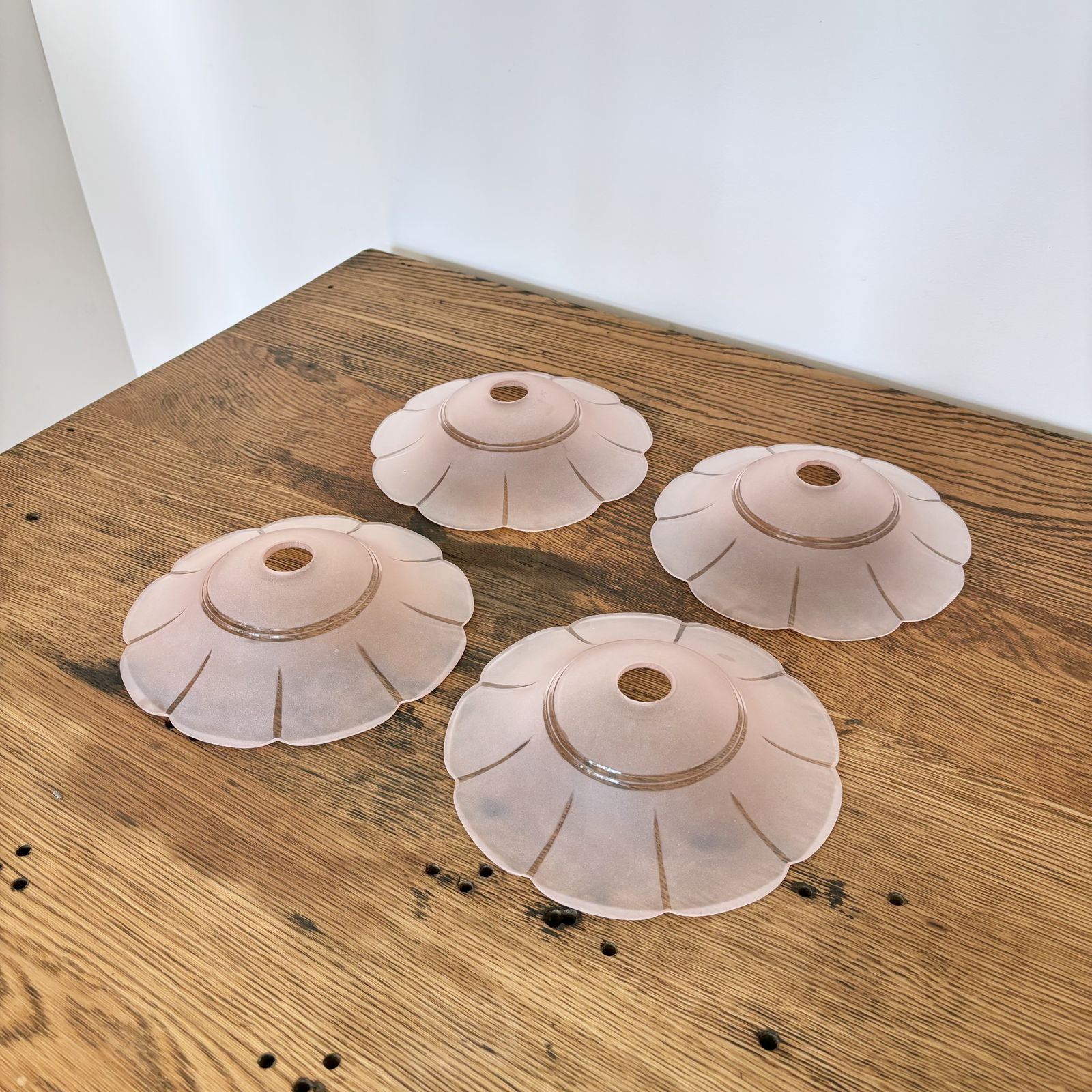 Two French Scalloped Floral Pink Glass Shades photo vinterior