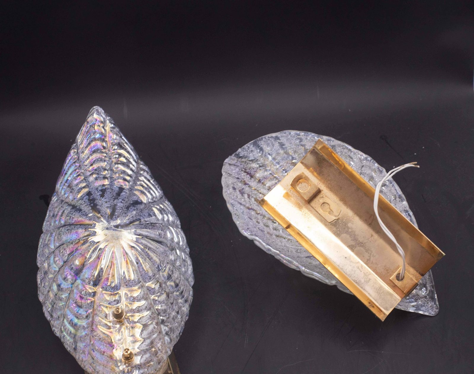 Set Of 2 Bogotà, Wall Light Iridescent Rainbow Colour Murano Glass Leave, 1970s photo buy