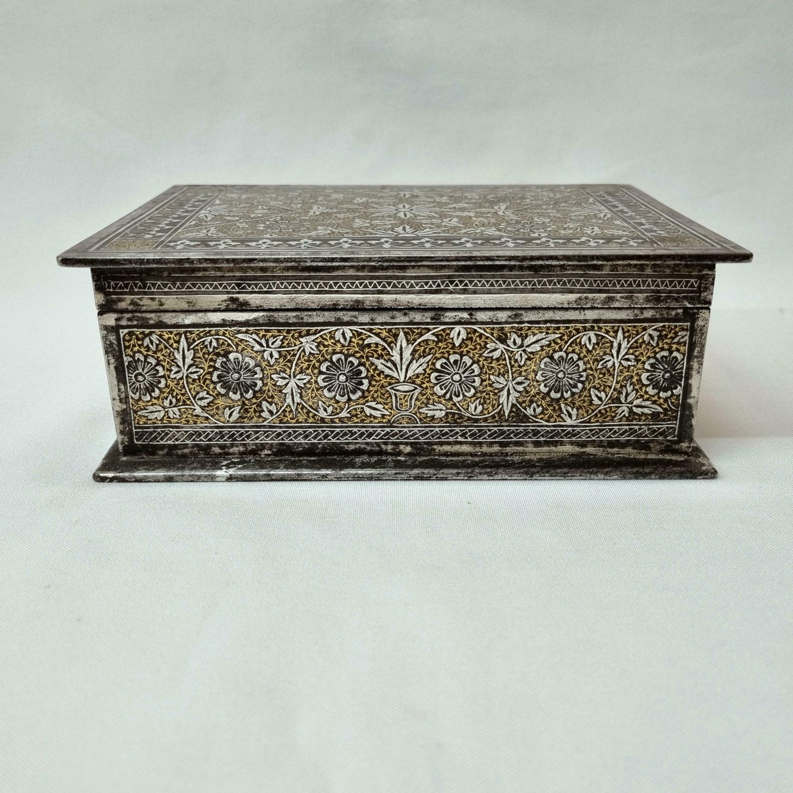 A Beautiful Antique Indian Koftgari Ware Oxidised Steel Box Finely And Profusely Inlaid With Gold And Silver, From The Punjab Region. photo Home Decor
