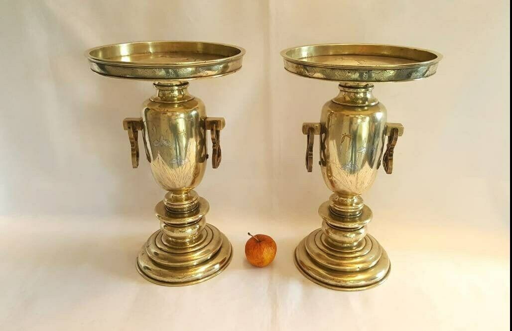 Antique Brass Vases, A Heavy Pair Of Japanese Brass Usubata Vases, Inlaid With Silver, Copper & Gold For Ikebana Flower Arranging.
