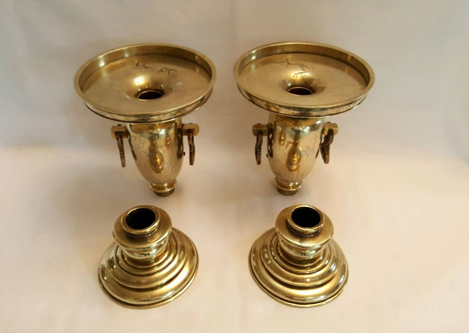 Antique Brass Vases, A Heavy Pair Of Japanese Brass Usubata Vases, Inlaid With Silver, Copper & Gold For Ikebana Flower Arranging. photo Home Decor