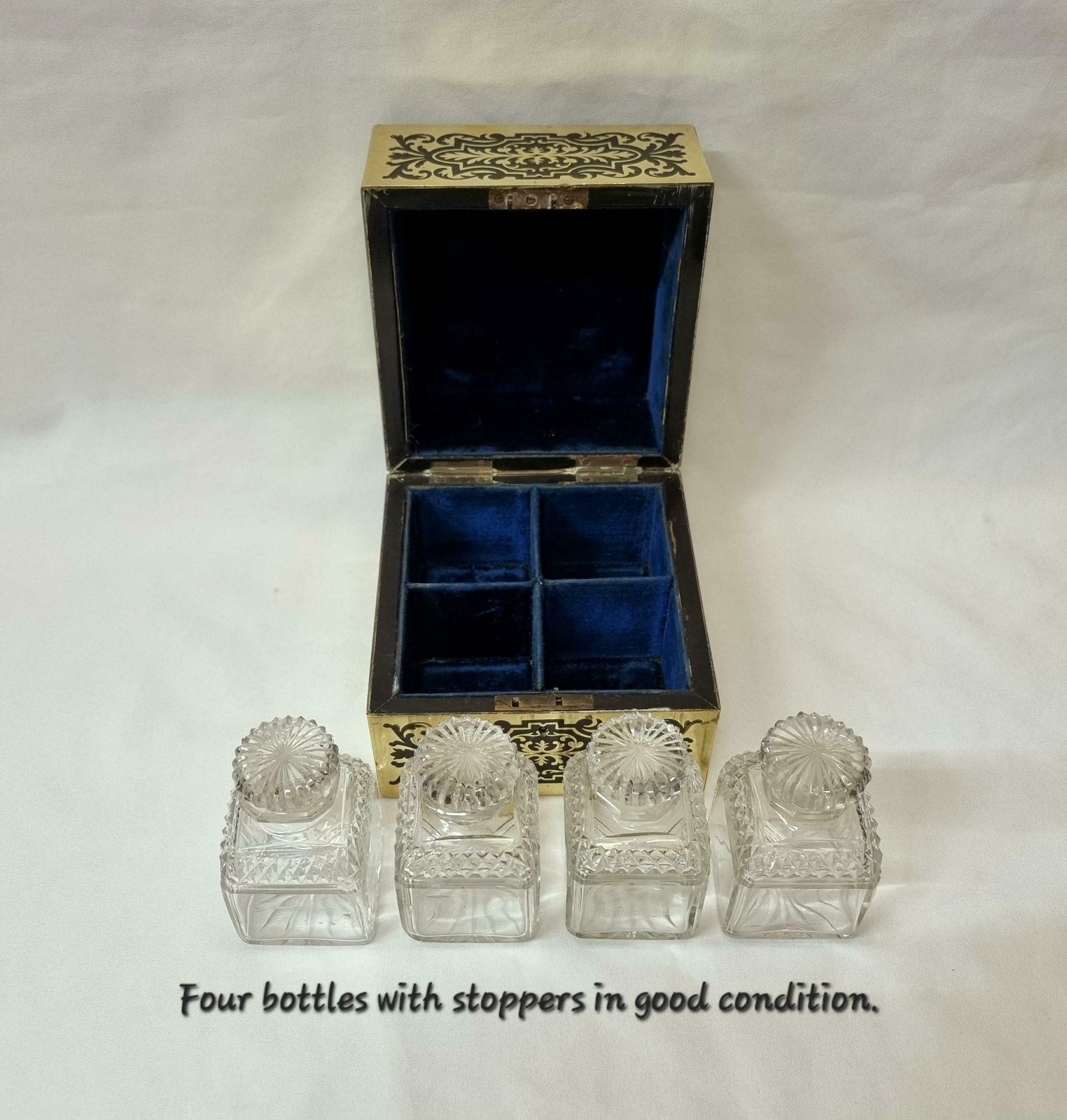 photo furniture Antique Perfume Casket   An Exceptional 19th Century Ebony And Inlaid Brass Perfume Box With Four Original Bottles In Outstanding Condition.