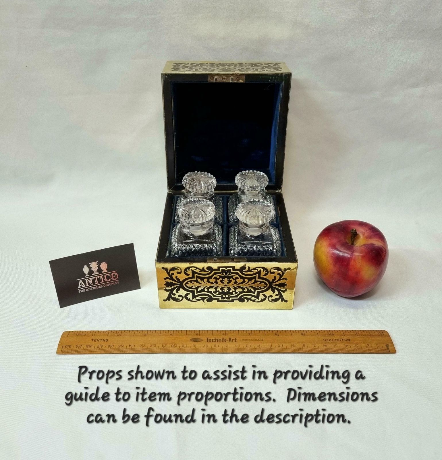 photo for sale Antique Perfume Casket   An Exceptional 19th Century Ebony And Inlaid Brass Perfume Box With Four Original Bottles In Outstanding Condition.