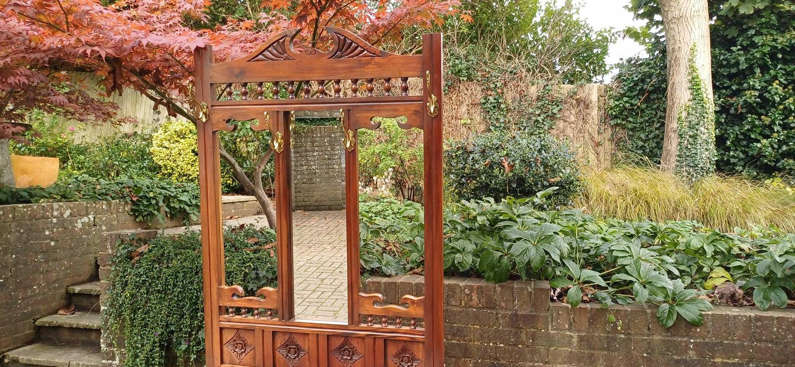 Vintage Victorian Style Solid Teak Hall Stand Entryway Stand Side Table Brass Features photo furniture