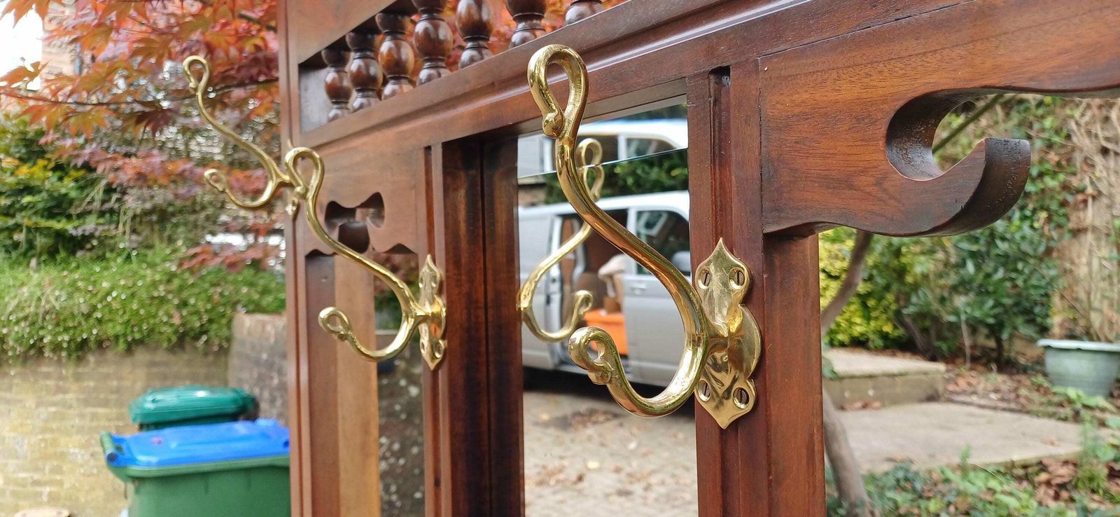 Vintage Victorian Style Solid Teak Hall Stand Entryway Stand Side Table Brass Features photo 695.0