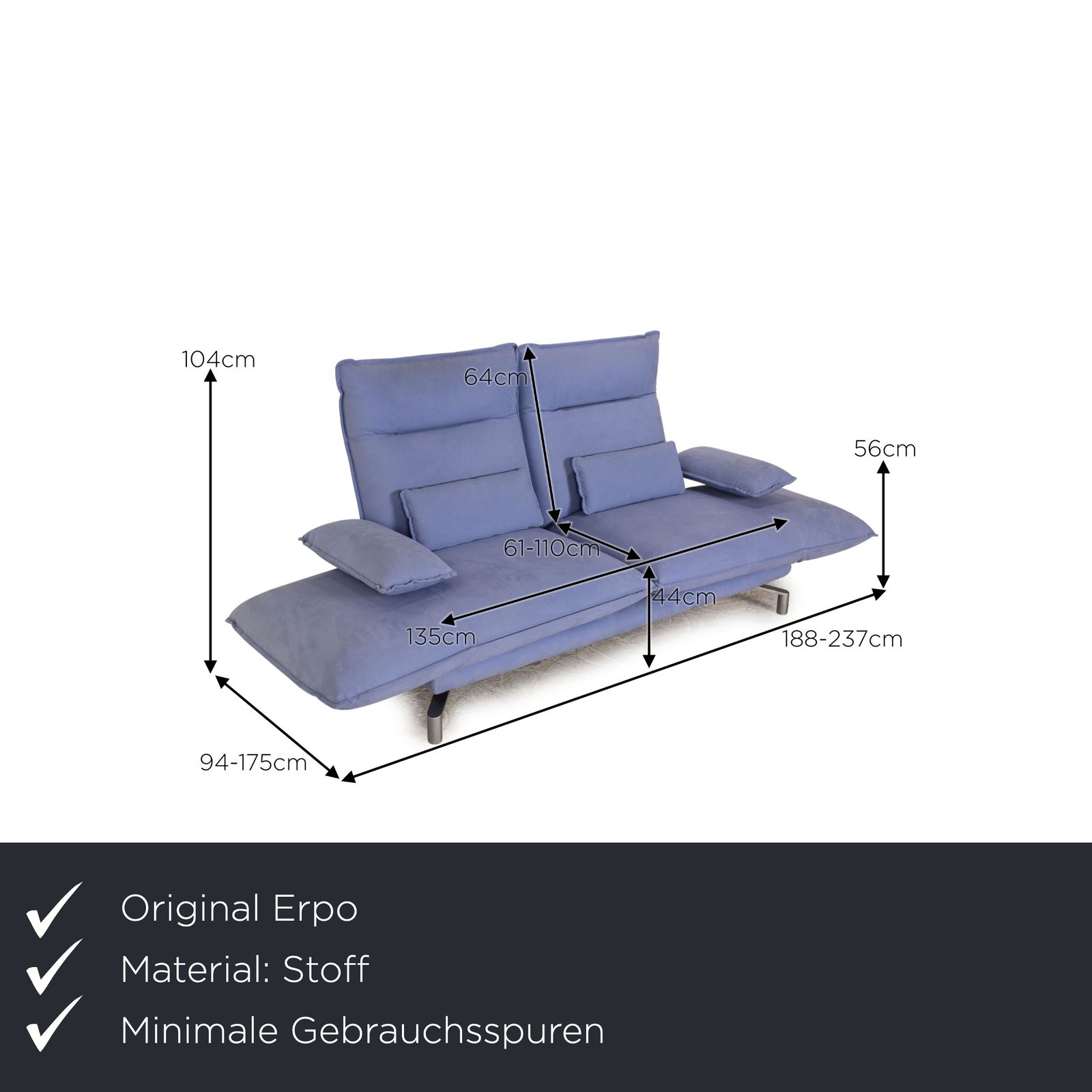 Canapé 2 places Erpo Avantgarde AV 400 en tissu bleu, fonction relax photo furniture