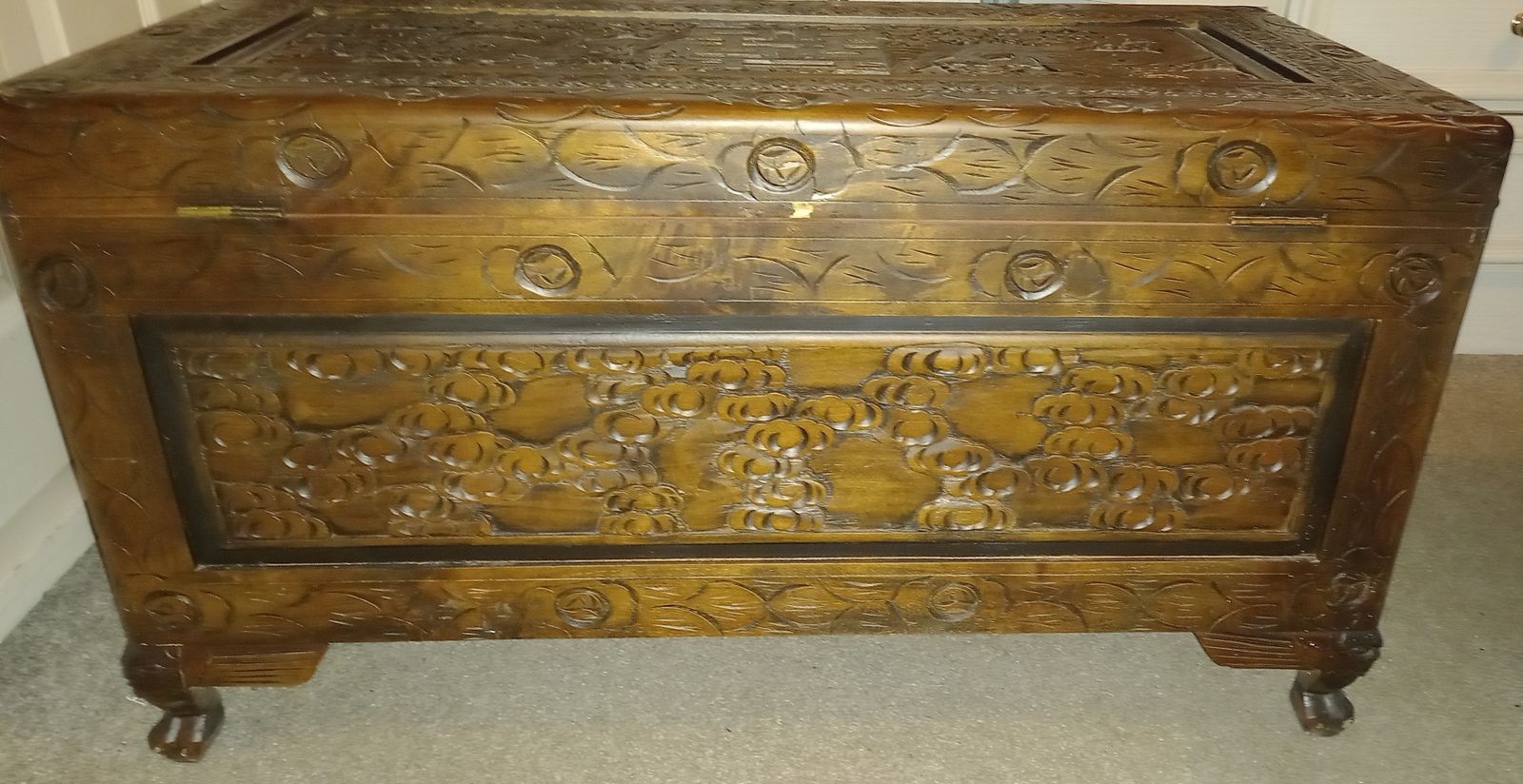 Antique Chinese Carved (Dragon & Pheonix) Camphor Wood Chest photo Furniture