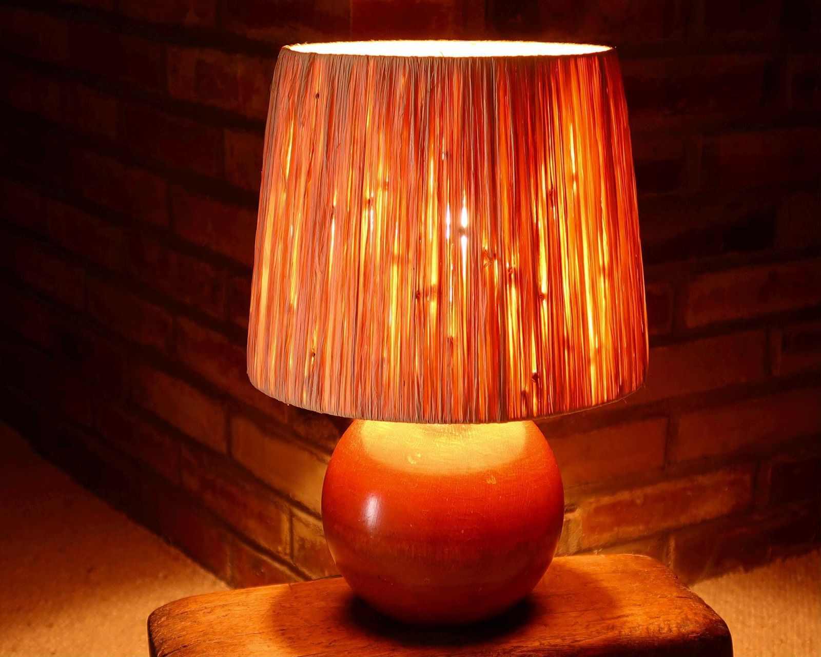 Italian Wooden Table Lamp, Raffia Lampshade, 1970s / Sphere, Minimalist, Boho Chic, Folk photo for sale