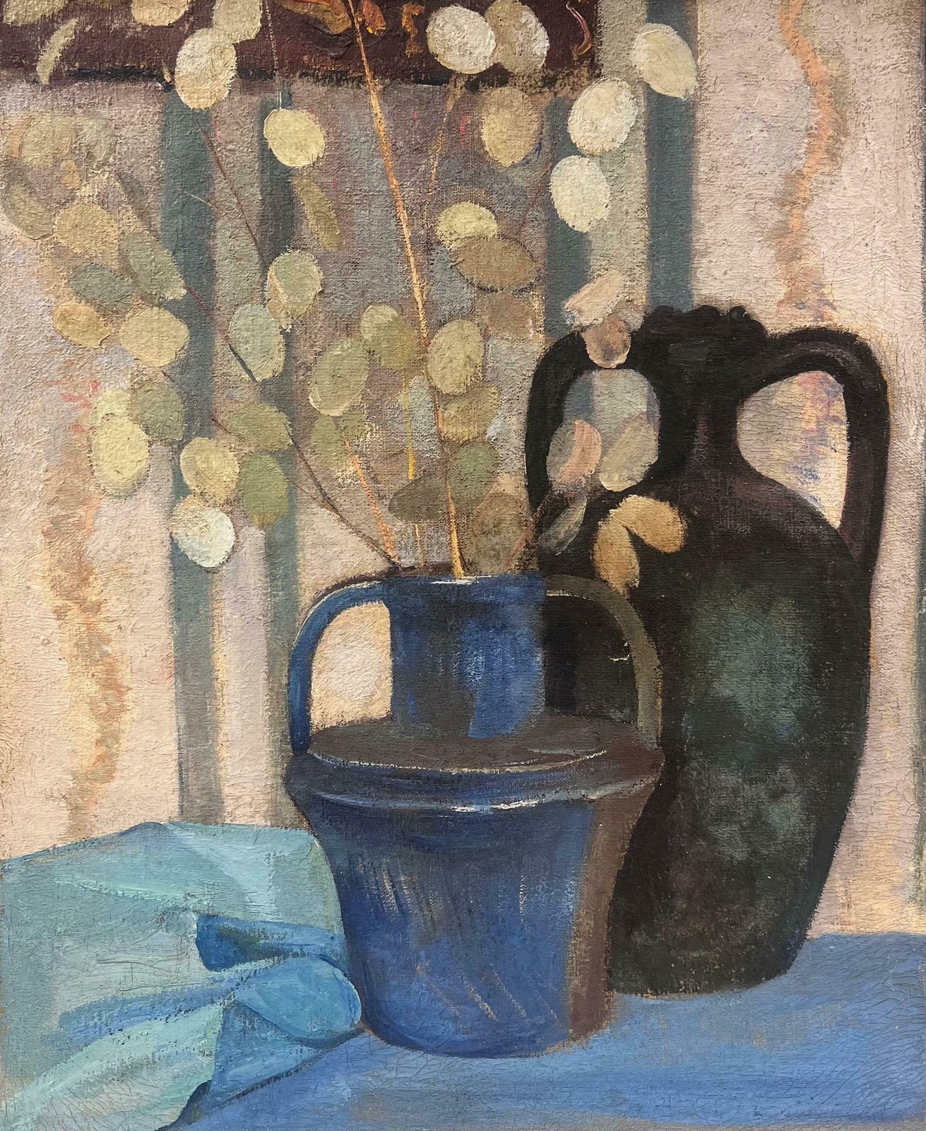 French 1930's1930's French Modernist Oil Painting Lunaria Honesty Plants Still Life Blue Jug1930's
