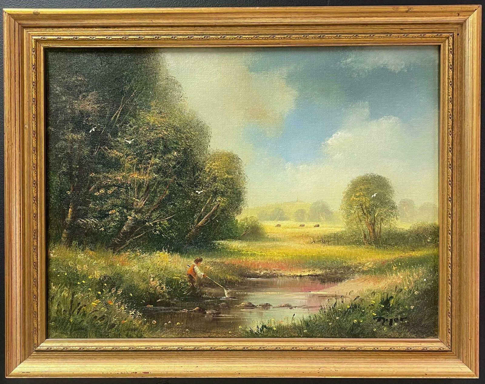 Ted Dyersigned English Oil Summer Meadows & Stream With Boy Fishing With Netc.2000