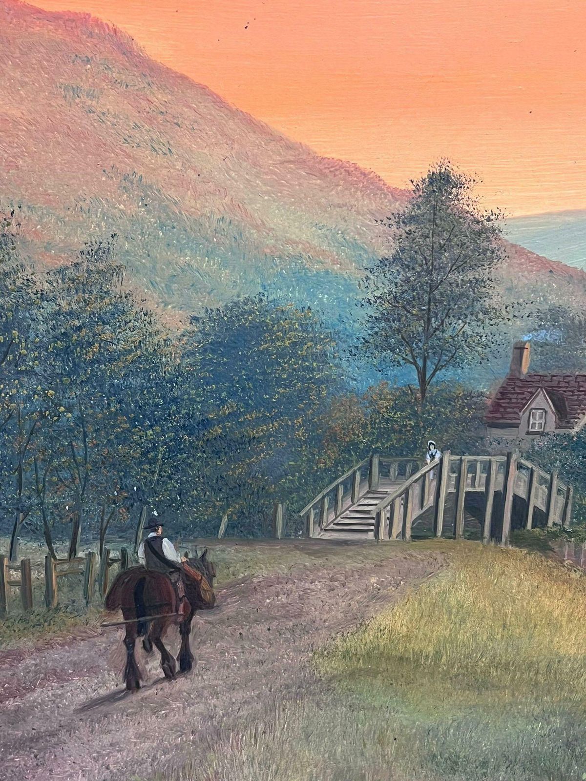 Obed Hodgesfigure Riding Through Orange Sunset Over Valley Antique English Oil Painting1931 photo vinterior