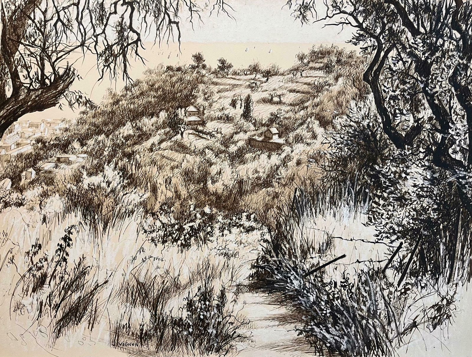 Josine Vignonmid Century French Drawing Hillside Landscape With Trees And Distant Houses1950's