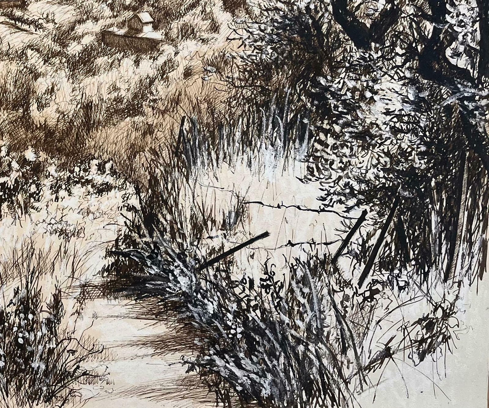 Josine Vignonmid Century French Drawing Hillside Landscape With Trees And Distant Houses1950's photo 585.0