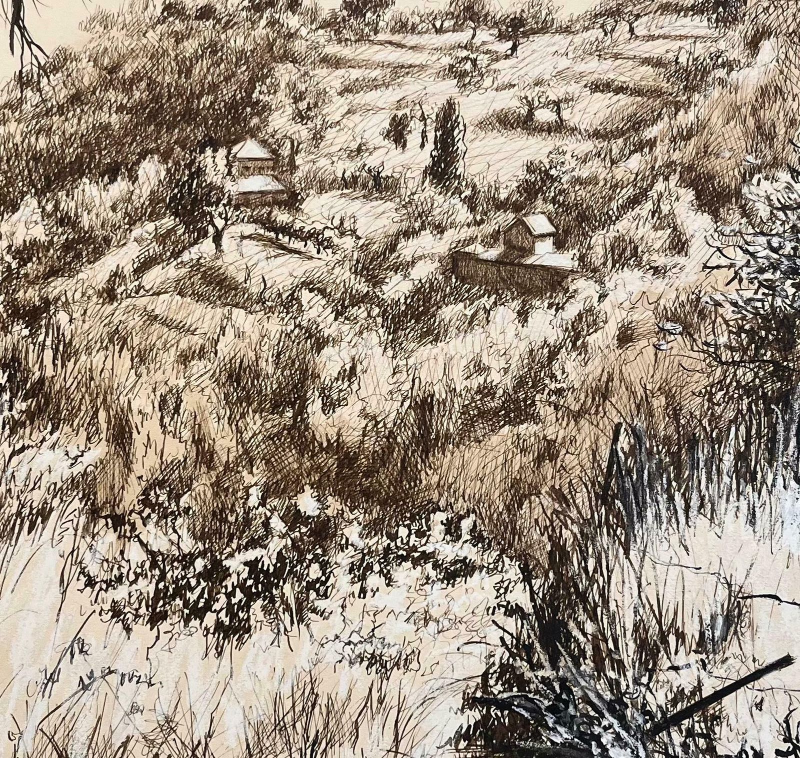 Josine Vignonmid Century French Drawing Hillside Landscape With Trees And Distant Houses1950's photo buy