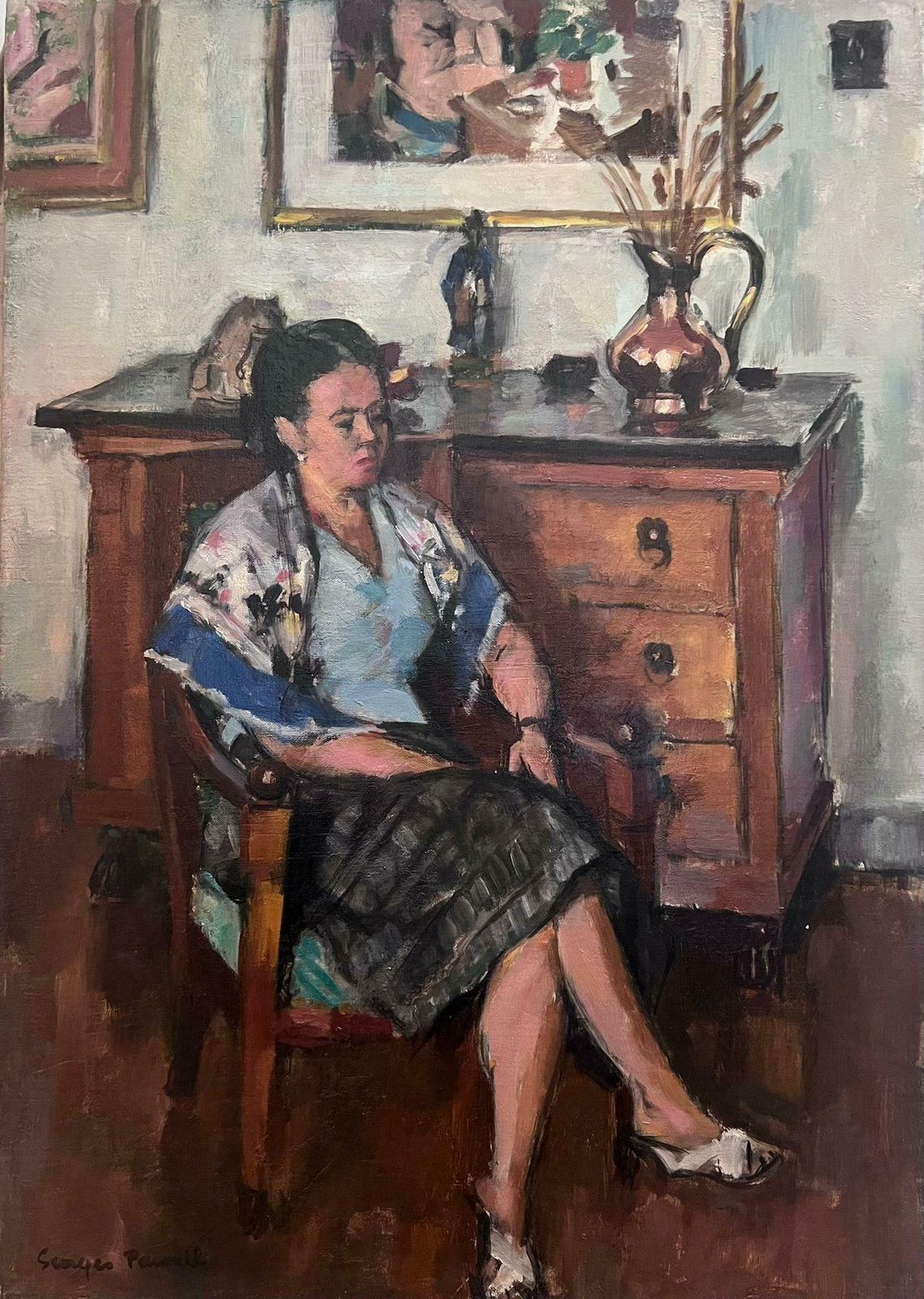 Georges Pacouil (1903 1996)fine Mid 20th Century French Signed Oil Lady Seated In Interior Room Setting1950's