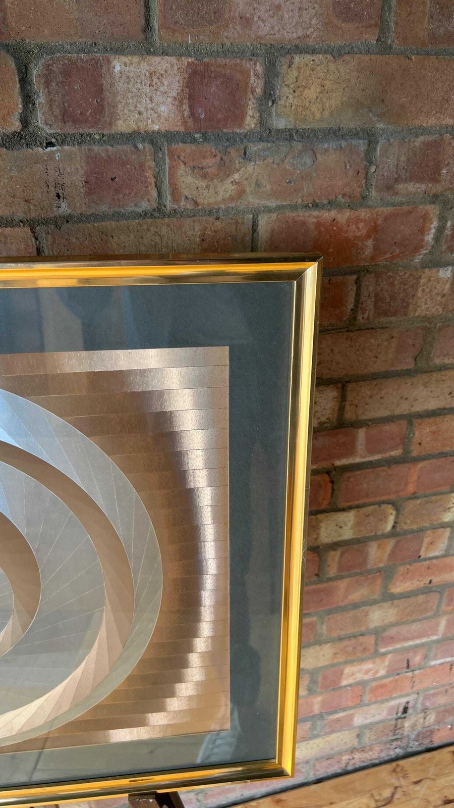 Mid Century Modern Abstract Kinetic Optical Silver And Gold Foil Artwork Picture Depicting Eccentric Circles photo vintage